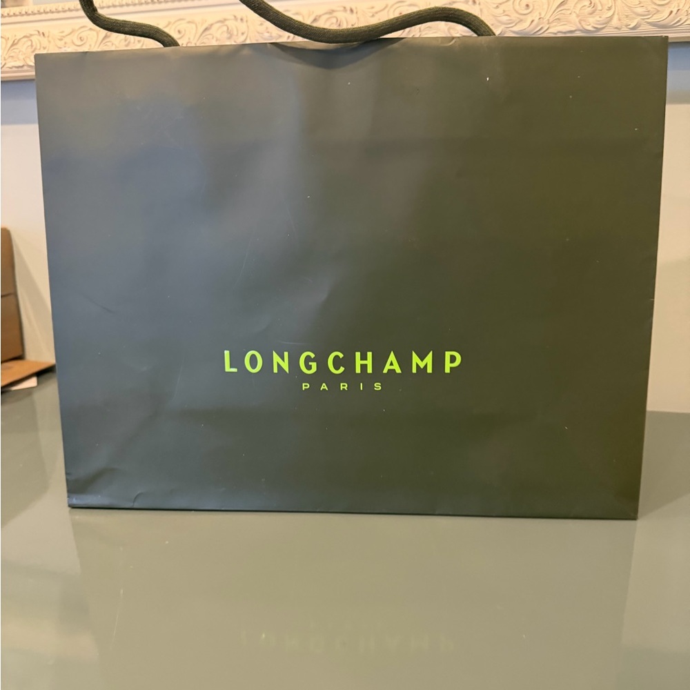 Longchamp Dark Green Shopping Bag with Neon Logo